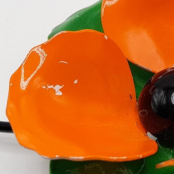 Vintage 1960s Orange Green White Enamel Flower Brooch with Stem, 4 Inches - Picture 8 of 9